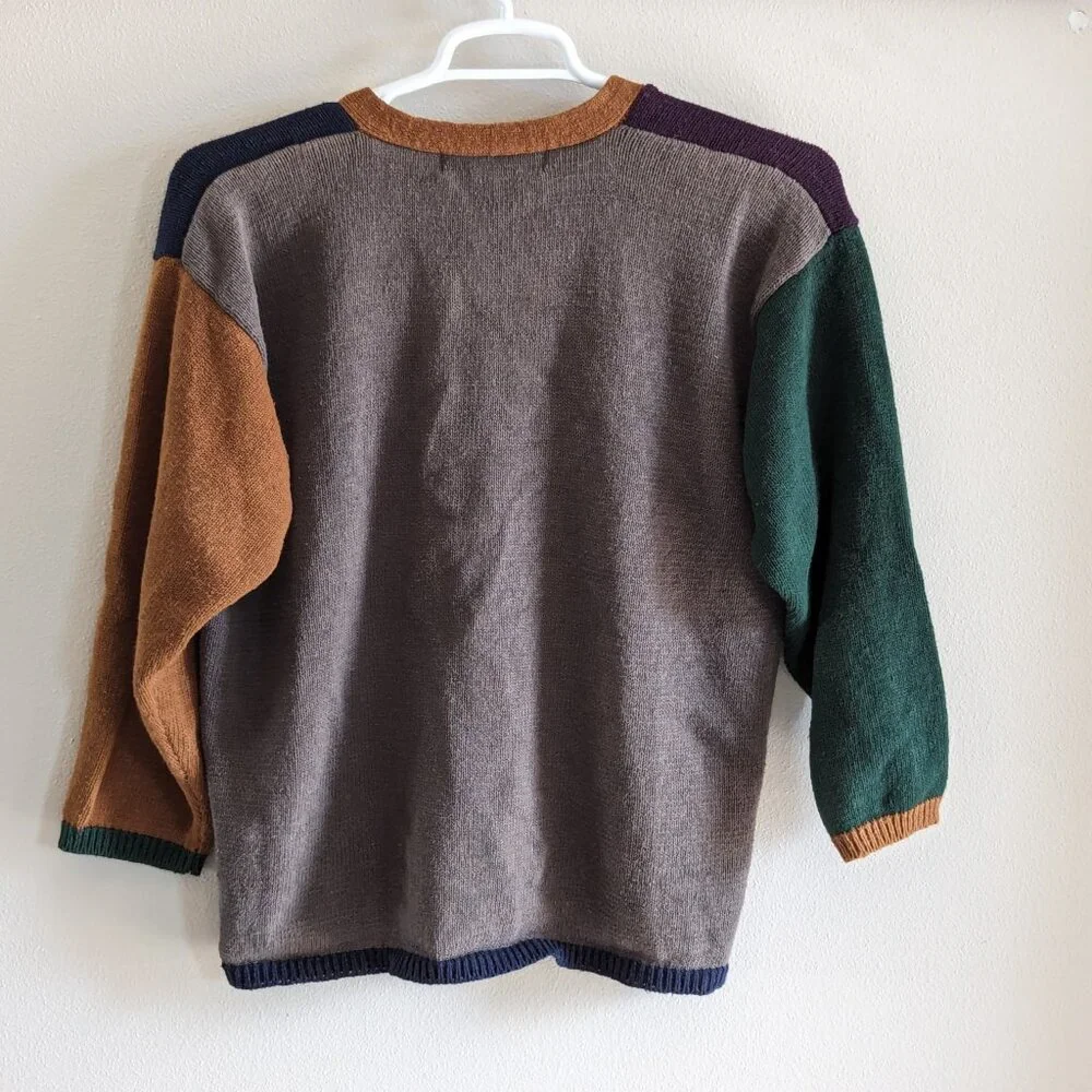 Vintage Grandma Fall Leaf Embroidered Colorblock Cardigan Earth Tones XL - Picture 2 of 4